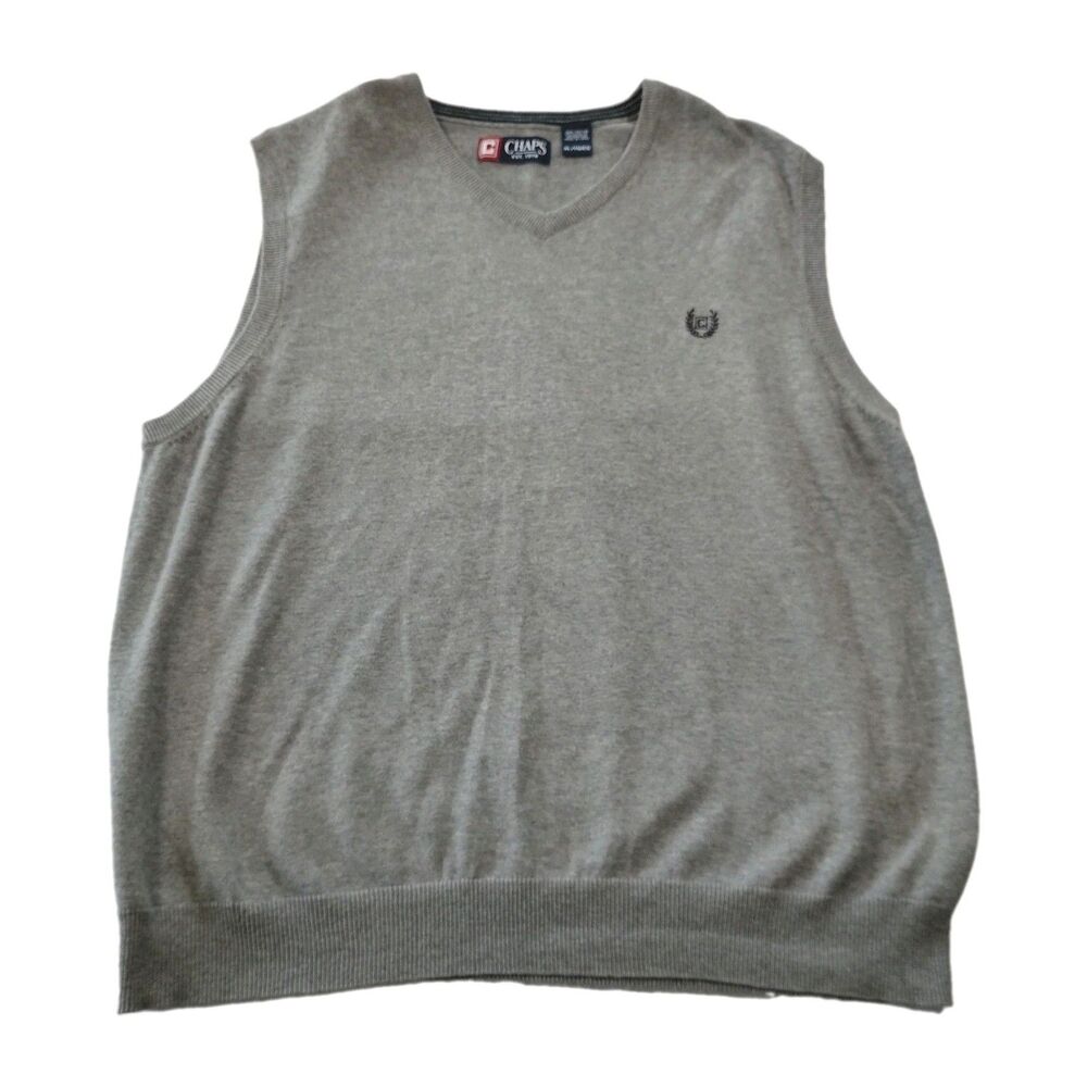 Chaps Men's Pullover Sweater Vest XL Gray Cotton Knit Sleeveless V-Neck Logo